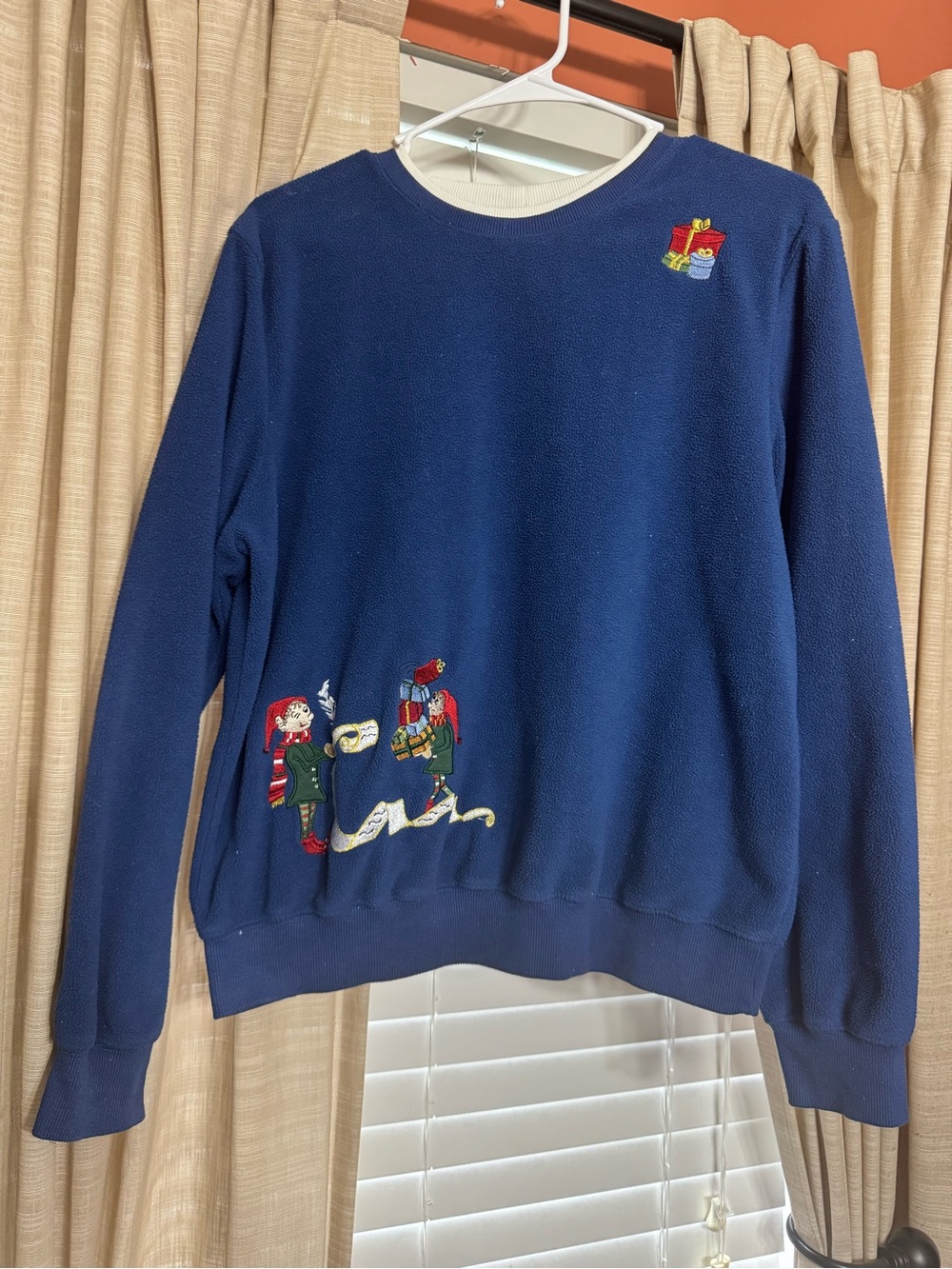 Alfred Dunner Navy Blue Holiday Crewneck Sweater with Embroidered Elves